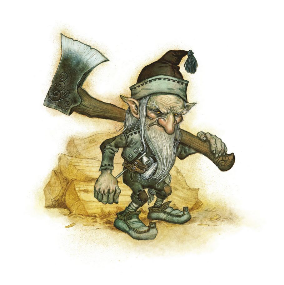 Drawing of a little goblin-like creature with an axe